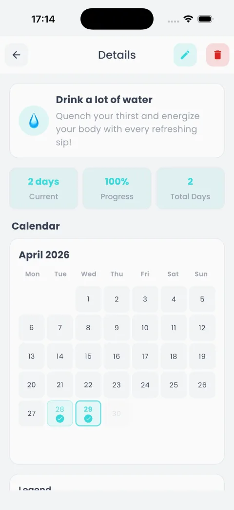 Clarity habit detail — calendar view with daily check-ins, progress stats, and gentle reminders