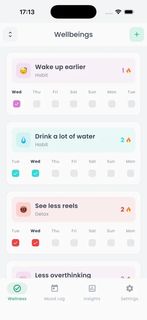 Clarity habit tracker and detox log — daily wellbeings list with habits, detox, and mood check-ins
