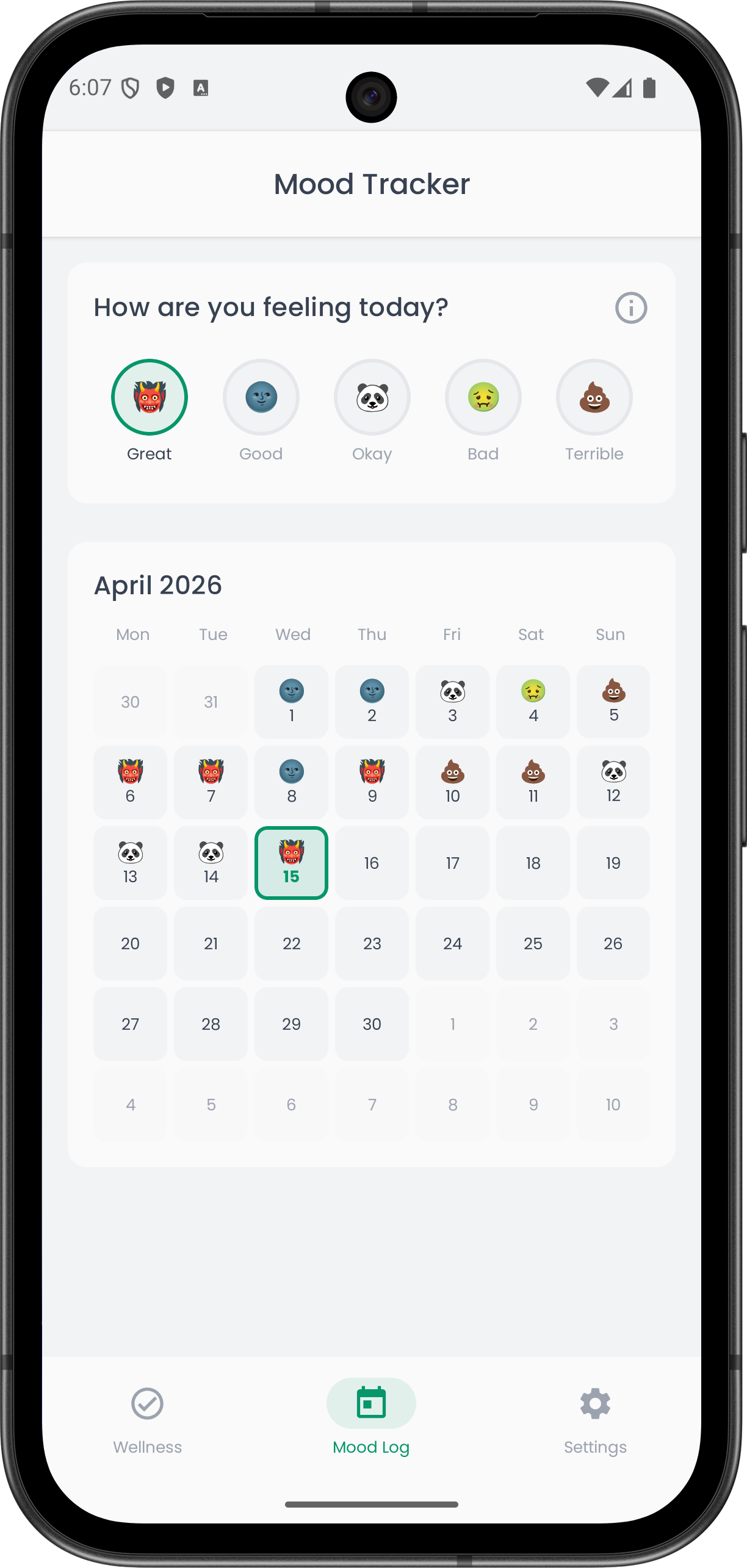 Clarity app — mood tracker with emoji calendar and daily mood logging