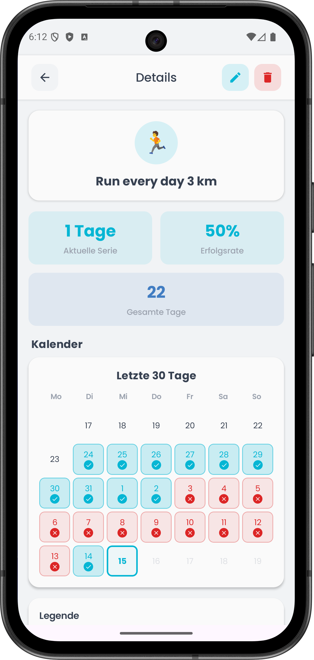 Clarity App — Gewohnheitsdetails mit Serienzähler, Erfolgsrate und Kalender