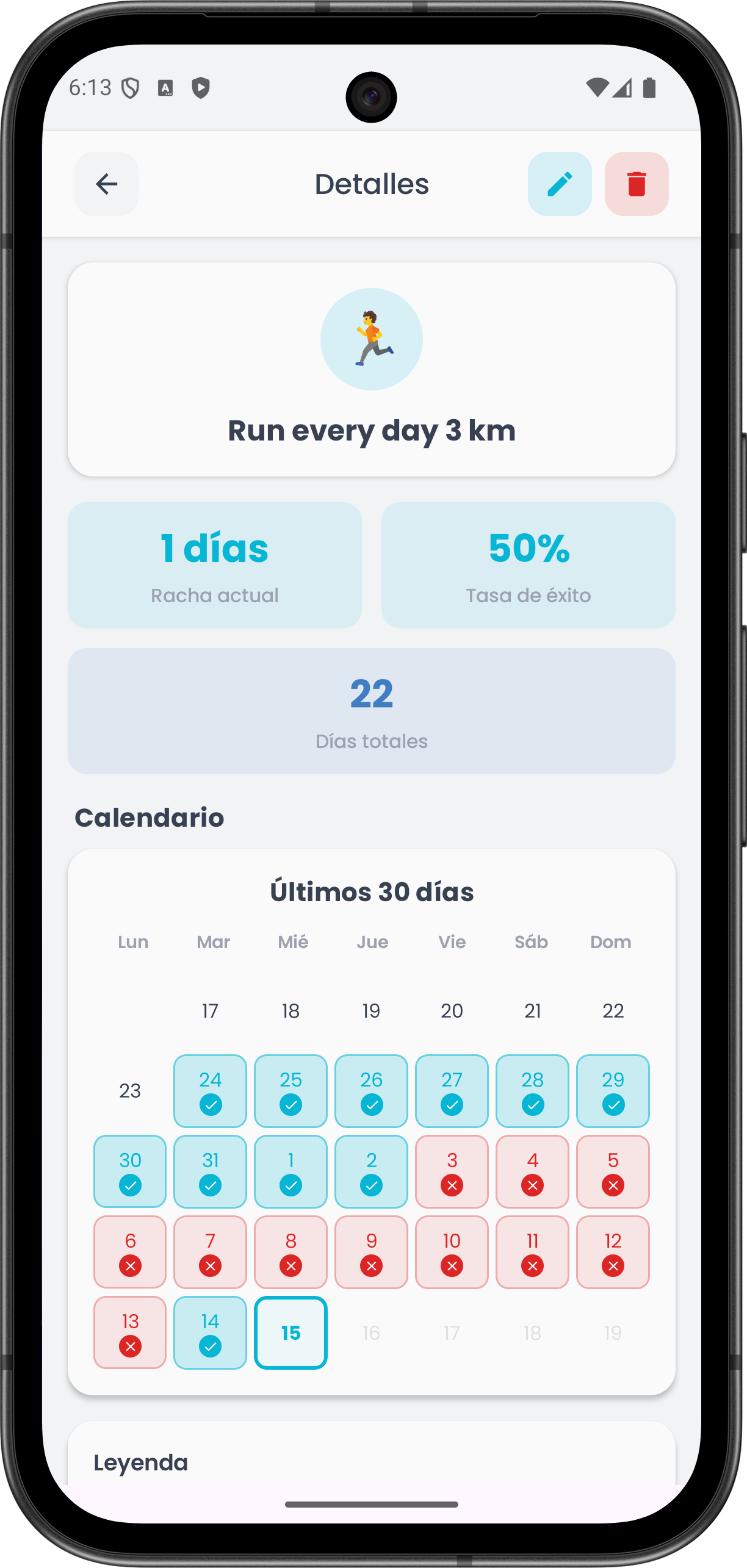 App Clarity — detalle de hábito con contador de rachas, tasa de éxito y calendario