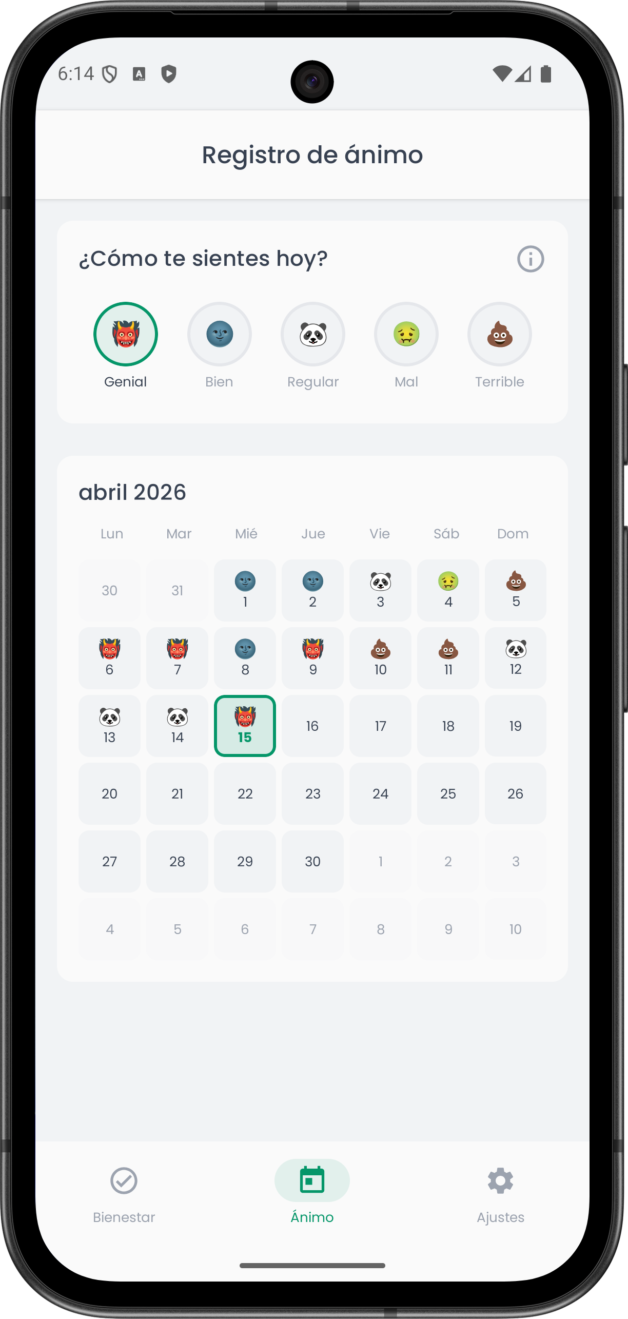 App Clarity — rastreador de ánimo con calendario emoji y registro diario