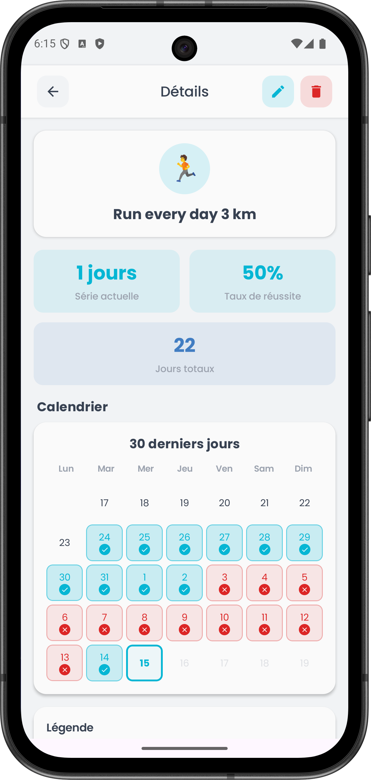 App Clarity — détail d'habitude avec compteur de séries, taux de réussite et calendrier