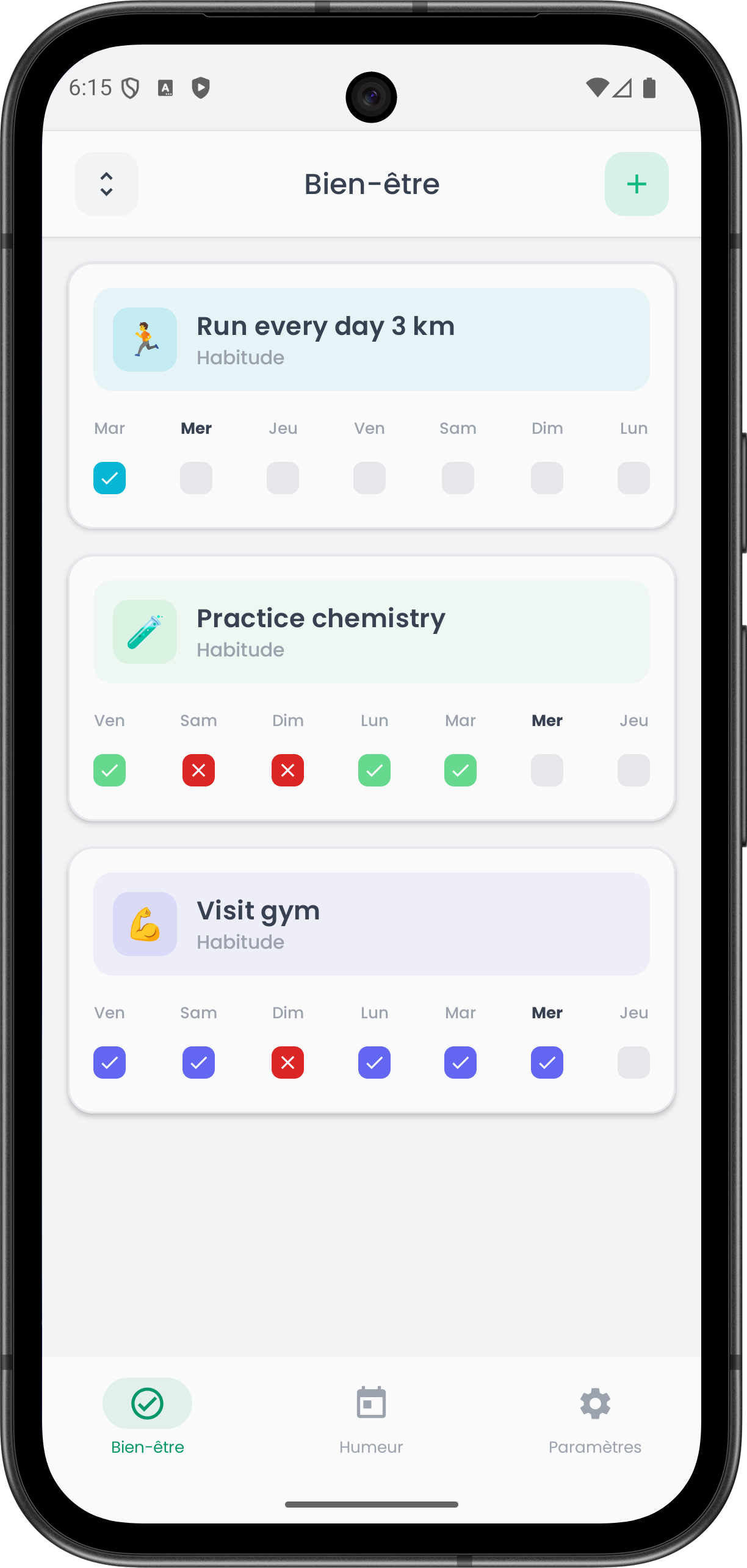 App Clarity — suivi quotidien d'habitudes avec progression hebdomadaire et suivi de séries