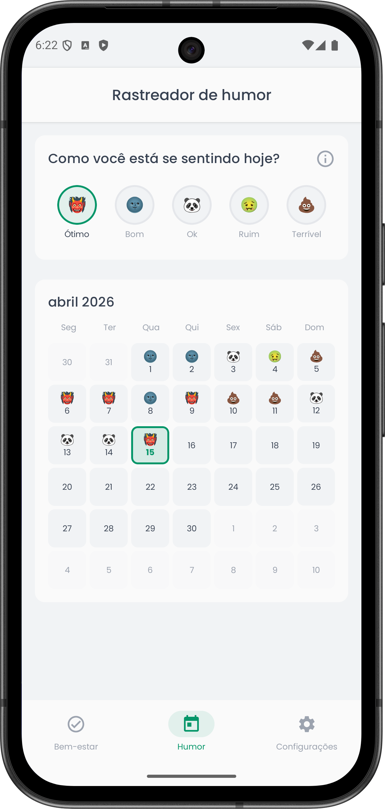App Clarity — rastreador de humor com calendário emoji e registro diário de humor